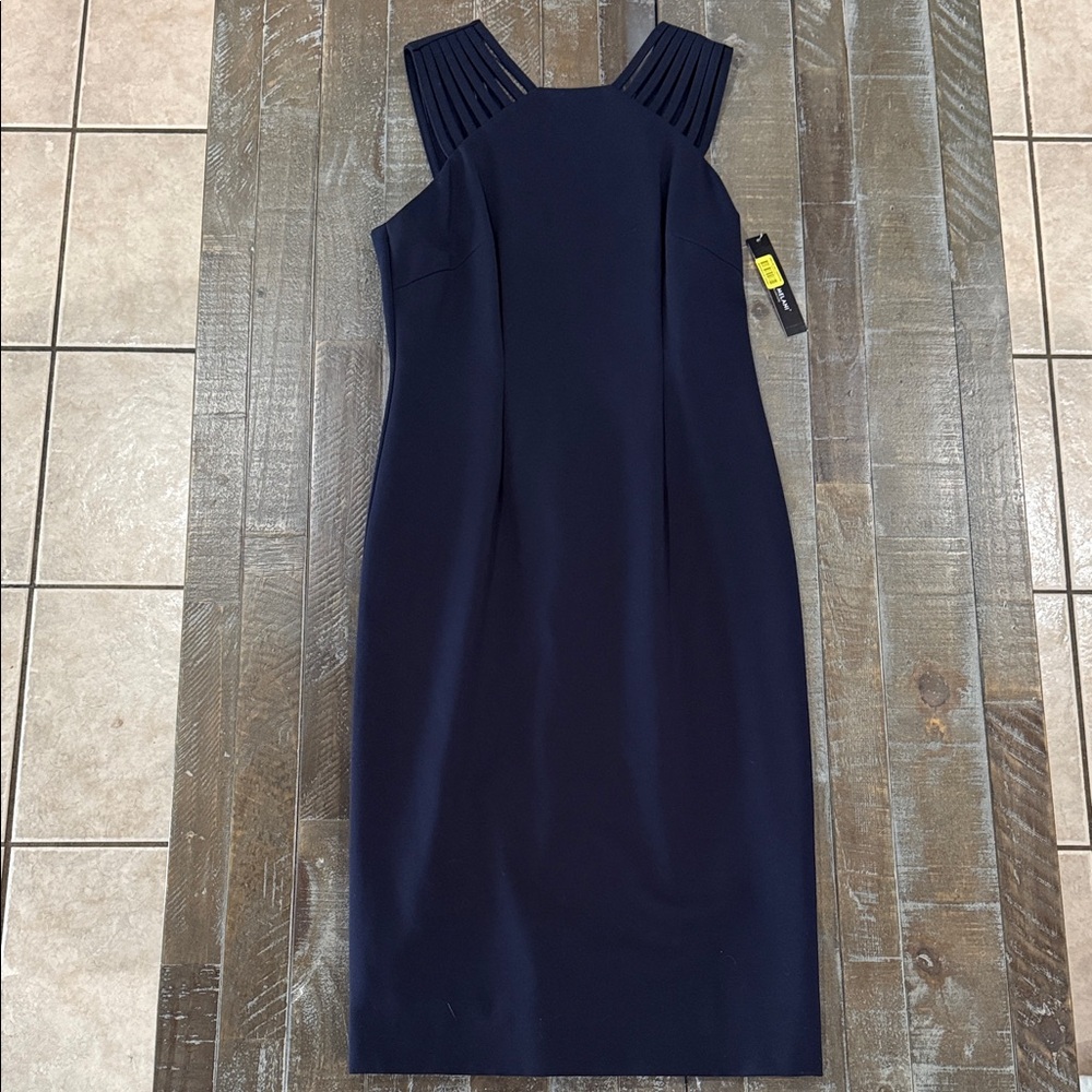 NWT Antonio Melani Navy Blue Caged Neckline Sleeveless Sheath Dress Size 6